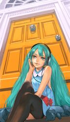  aqua_eyes aqua_hair black_legwear cat door face hand_on_headphones hatsune_miku headphones lips listening_to_music sitting smile solo thigh-highs thighhighs toro twintails vocaloid 