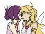  ahoge angel_wings bakemonogatari bare_shoulders blonde_hair closed_eyes crossover eyes_closed hair_up incipient_kiss monogatari_(series) multiple_girls panty_&amp;_stocking_with_garterbelt panty_(character) panty_(psg) pas_(paxiti) purple_hair senjougahara_hitagi sketch wings yuri 