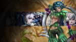  1girl blue_hair breasts feathers highres mole multicolored_hair purple_eyes soul_calibur soul_calibur_iii soul_calibur_v tira underboob wallpaper weapon 