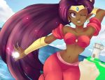  arabian_clothes artist_request baggy_pants breasts cleavage dark_skin earrings headband jewelry lighthouse long_hair midriff navel ocean pointy_ears ponytail purple_eyes purple_hair shantae shantae_(character) solo source_request violet_eyes 