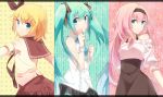  aqua_eyes aqua_hair bare_shoulders blonde_hair cellphone hair_ornament hair_ribbon hairband hairclip hatsune_miku highres kagamine_rin long_hair megurine_luka multiple_girls p0ckylo phone pink_hair ribbon skirt smile twintails vocaloid 