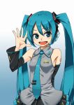  aqua_eyes aqua_hair detached_sleeves hatsune_miku headphones long_hair necktie open_mouth pizzadev skirt smile solo vocaloid 