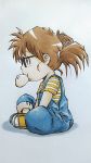  1girl brown_eyes brown_hair butterfly_sitting dr._slump food glasses marker_(medium) mouth_hold nikuman norimaki_arale overalls scan shoes short_twintails sneakers striped t-shirt traditional_media twintails 