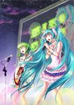  aqua_eyes aqua_hair bare_shoulders bracelet closed_eyes eyes_closed green_hair guitar gumi hair_ribbon hand_on_own_chest hatsune_miku highres instrument jewelry kumo_ryuun long_hair microphone microphone_stand multiple_girls open_mouth ribbon short_hair singing skirt twintails very_long_hair vocaloid 