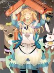  alice_(wonderland) alice_in_wonderland arms_up bad_id blonde_hair blush bunny closed_eyes deer dress evers eyes_closed long_hair open_mouth pantyhose rabbit smile solo suitcase 