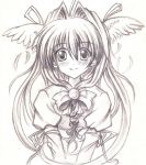 cokua hair_intakes head_wings highres lineart long_hair monochrome original ribbon smile solo traditional_media v_arms 