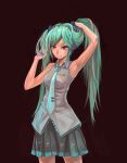  absurdres adjusting_hair arm_up armpits black_background green_hair hatsune_miku headset highres long_hair necktie purple_eyes simple_background skirt smile solo twintails very_long_hair violet_eyes vocaloid xiamianliele 