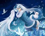  bird blue_eyes blue_hair earmuffs hatsune_miku headphones highres long_hair open_mouth skirt snowflakes solo thigh-highs thighhighs twintails very_long_hair vocaloid yuki_miku yupi zettai_ryouiki 