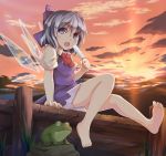  bad_feet bare_shoulders barefoot blue_eyes blue_hair bow cirno crost dock eating feet frog hair_bow open_mouth outdoors popsicle short_hair sitting solo sunset touhou wings 