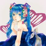  blue_eyes blue_hair flower hair_flower hair_ornament hatsune_miku highres looking_at_viewer solo sudach_koppe twintails vocaloid 