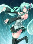  aqua_eyes aqua_hair bare_shoulders boots detached_sleeves hatsune_miku highres long_hair nail_polish necktie outstretched_arms rokko skirt smile solo thigh-highs thigh_boots thighhighs twintails very_long_hair vocaloid 