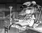  absurdres book bookshelf bow capelet cup dress fingerless_gloves gloves hat highres hookah long_hair magic_circle monochrome open_mouth patchouli_knowledge pillow pipe reading sitting smoke solo teacup touhou ume_(noraneko) voile 