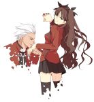  1girl archer bad_id black_legwear blue_eyes brown_hair cocopps dark_skin fate/stay_night fate_(series) gem hair_ribbon long_hair miniskirt pleated_skirt ribbon short_hair skirt thigh-highs thighhighs tohsaka_rin toosaka_rin two_side_up white_hair 