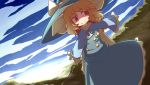  blonde_hair bow braid capelet dress hakika hat hat_bow kirisame_marisa landscape long_hair mountain red_eyes sky smile solo touhou witch_hat 