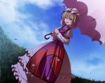  &gt;:) &gt;:d :d absurdres blonde_hair bow cloud dress fisheye grass hair_bow hat hat_bow haze highres looking_at_viewer open_mouth outdoors s-syogo sky smile solo tabard touhou umbrella yakumo_yukari yellow_eyes 