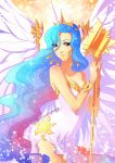  bare_shoulders breasts celestia_(my_little_pony) cleavage crown dress earrings horn jewelry kaminary long_hair multicolored_hair my_little_pony my_little_pony_friendship_is_magic personification purple_eyes signature solo sparkle staff star sun very_long_hair violet_eyes 