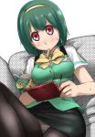  3ds black_legwear blush green_hair hairband headset idolmaster mole mouth_hold nintendo_3ds otonashi_kotori panties panties_under_pantyhose pantyhose pantyshot pantyshot_(sitting) pantyshot_sitting red_eyes short_hair sitting skirt solo sweat ttomm underwear 