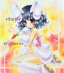  animal_ears at_classics bare_shoulders black_hair bunny_ears bunny_tail carrot inaba_tewi jewelry marker_(medium) necklace red_eyes sample short_hair sitting solo tail touhou traditional_media wariza 