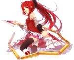  bad_id black_legwear bow hair_bow highres long_hair magical_girl mahou_shoujo_madoka_magica mouth_hold ovos pocky polearm ponytail red_eyes red_hair redhead sakura_kyouko simple_background solo thigh-highs thighhighs weapon white_background 