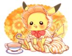  blush bonnet bow clothed_pokemon donguri_(acorncafe) flower frills no_humans pikachu pokemon pokemon_(creature) tea 