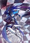  bikini_top black_rock_shooter black_rock_shooter_(character) blue_hair boots checkered coat dual_wielding from_above gloves glowing glowing_eye long_hair millipen_(medium) pale_skin racoon-kun signature solo sword traditional_media twintails watercolor_(medium) weapon 