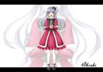  :d bad_id bow capelet dress frills fur_trim geike hair_bow hands_clasped long_hair open_mouth pantyhose pink_eyes shinki side_ponytail silver_hair smile solo touhou white_legwear zoom_layer 