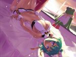  aquarion_(series) aquarion_evol barefoot bed bed_sheet breasts cleavage cleavage_cutout green_hair lying midriff navel no_panties on_back purple_eyes short_hair short_shorts shorts sloth-earnest smile solo yunoha_(aquarion_evol) zessica_wong 