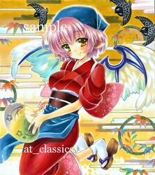  animal_ears at_classics breasts brown_eyes fan footwear head_scarf japanese_clothes kimono marker_(medium) mystia_lorelei obi okamisty pink_hair sample sandals short_hair smile socks solo touhou traditional_media white_legwear wings 