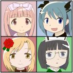  4girls akemi_homura black_hair blonde_hair blue_eyes blue_hair casper casper_(cosplay) cosplay deathsmiles flower follett follett_(cosplay) glasses hair_flower hair_ornament half_rim_glasses hat kaname_madoka mahou_shoujo_madoka_magica miki_sayaka mole multiple_girls nurse_cap pink_eyes pink_hair portrait purple_eyes red_rose ribbon rosa_(deathsmiles) rosa_(deathsmiles)_(cosplay) rose semi-rimless_glasses smile tomoe_mami violet_eyes windia windia_(cosplay) yellow_eyes 