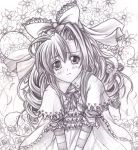  cokua frown highres long_hair monochrome original ribbon solo traditional_media v_arms 