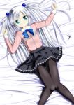  absurdres aqua_eyes artist_request copyright_request dress highres knees_together_feet_apart lying pantyhose prophet5 smile solo white_hair 