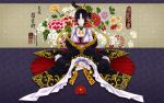  antaria black_hair breasts character_request chinese chinese_clothes cleavage flower guai_qing hair_ornament hanfu highres large_breasts liaozhai_zhiyi purple_eyes sitting solo translation_request violet_eyes wallpaper 