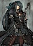  black_hair black_skirt bow gloves hair_ornament hairband long_hair moto_murabito original pantyhose skirt solo sword weapon 