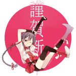  belt bike_shorts black_hair black_legwear bolero braid chinese_new_year cropped_jacket elbow_gloves fingerless_gloves gloves hao_(patinnko) ling_caiyin long_hair looking_at_viewer smile solo stretch thigh-highs thighhighs very_long_hair vocaloid wink yuezheng_ling 