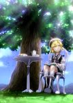 blonde_hair book chair cloud crescent cup hat highres kazetto lunasa_prismriver mountain short_hair sitting sky smile solo sunbeam sunlight teacup teapot touhou tree yellow_eyes 