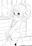  bag blush breath from_above idolmaster kanya_pyi lineart looking_at_viewer monochrome partially_colored pov pov_eye_contact scarf shopping_bag solo spot_color takatsuki_yayoi twintails v_arms walking winter winter_clothes 