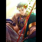  blue_hair earrings fate/stay_night fate_(series) gae_bolg jewelry lancer long_hair male pauldron pauldrons pillarboxed ponytail red_eyes robe san_moto solo 