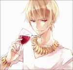  blonde_hair bracelet casual cup fate/zero fate_(series) gilgamesh himishiro jewelry male necklace red_eyes short_hair solo v-neck white_background wine wine_glass 