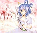  blue_eyes blue_hair branch cherry_blossoms dress flower hair_rings hair_stick kaku_seiga makuwauri parted_lips petals short_hair solo touhou tree vest 