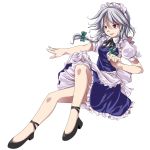  apron ascot bow braid brown_eyes fighting_stance frills grey_hair hair_bow izayoi_sakuya maid maid_headdress open_mouth outstretched_hand red_eyes ribbon s-syogo shoes short_hair simple_background skirt solo the_embodiment_of_scarlet_devil touhou twin_braids white_hair 