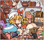  bat blonde_hair blood blush book bottle bow chain chains chair checkered checkered_floor doll fang flandre_scarlet hounori jason_voorhees jewelry mask red_eyes ribbon short_hair side_ponytail skirt smile solo the_embodiment_of_scarlet_devil touhou treasure_chest wings 