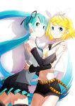  aqua_eyes aqua_hair blonde_hair blue_eyes hair_ornament hair_ribbon hairclip hatsune_miku hug kagamine_rin long_hair looking_at_viewer multiple_girls navel ribbon shorts skirt smile thigh-highs thighhighs twintails vocaloid yamada_ranga zettai_ryouiki 