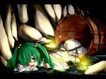  enclosed green_eyes green_hair hair_bobbles hair_ornament highres kisume letterboxed on_stomach open_mouth river rope short_hair solo spider tears touhou tunnel twintails 