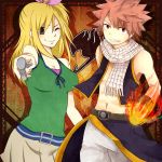  blonde_hair breasts cleavage couple fairy_tail fire ka_rura key lucy_heartfilia natsu_dragneel scarf side_ponytail spiked_hair spiky_hair 