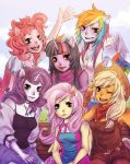    animal_ears arm_warmers bare_shoulders cowboy_hat fingerless_gloves fluttershy friends furry gloves hat horn jewelry multicolored_hair multiple_girls my_little_pony my_little_pony_friendship_is_magic necklace pale_skin personification pinkie_pie portrait rainbow_dash rarity reituki twilight_sparkle wings wink 