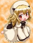  :&lt; barefoot blonde_hair blush bow chestnut_mouth child dress drill_hair frills hat hat_bow long_hair looking_at_viewer luna_child open_mouth orange_background red_eyes seiza sitting sleeves_past_wrists solo tachikawa touhou 