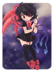  asymmetrical_wings bad_id biyon black_dress black_hair black_legwear blush_stickers bow dress houjuu_nue open_mouth polearm red_eyes short_hair smile solo spear thigh-highs thighhighs touhou trident weapon wings zettai_ryouiki 