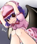  /\/\/\ 1girl bat_wings bloomers cowering dress dutch_angle fang gradient gradient_background hat hat_ribbon knees_to_chest looking_at_viewer mob_cap open_mouth purple_hair red_eyes remilia_scarlet ribbon sakamoto_aoi short_hair simple_background solo sweat touhou underwear wings 