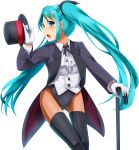  aqua_eyes aqua_hair cane fishnet_pantyhose fishnets gloves hat hatsune_miku highres leotard long_hair looking_at_viewer magician miracle_paint_(vocaloid) open_mouth pantyhose poorly_drawn project_diva simple_background solo thigh-highs thighhighs top_hat twintails umakatsuhai vocaloid 