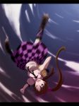  blurry brown_eyes brown_hair cellphone checkered checkered_skirt geta highres himekaidou_hatate letterboxed long_hair motion_blur open_mouth phone s-syogo skirt sky solo touhou twintails upside-down wink 